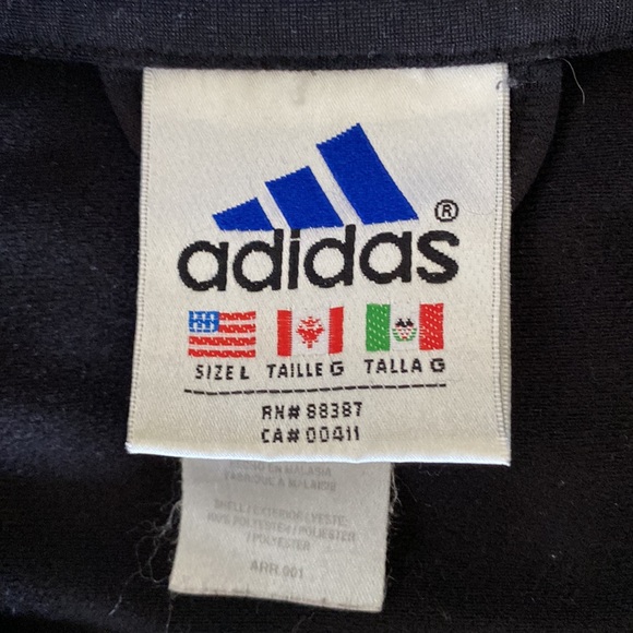 Adidas Track Jacket. Unisex. Black with blue collar, white 3 stripes. Size Large - Picture 3 of 5